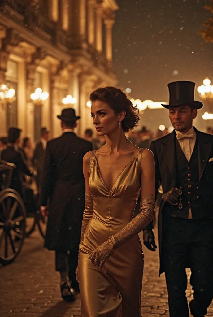  An elegant woman, wearing a silk evening dress and long gloves, arriving at a 19th century theater.  
   - She is accompanied by a gentleman in a top hat, while other guests descend from carriages.  
   - The theater's façade is illuminated by gas lamps, ...