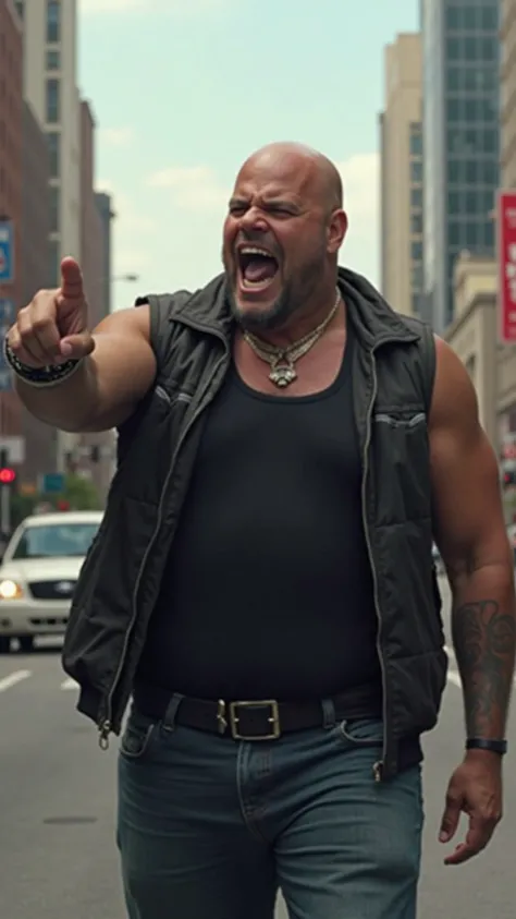 Hyper realism style.   maximum detail.  Background - city street.   clear day . a full-length man, the big leader of a biker gang, screams and points his finger in front of him, he is wearing a black jacket and a black tank top. He has his back to us, turn...