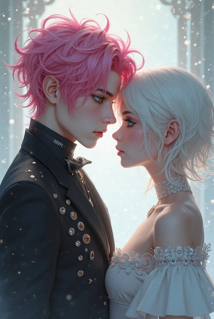 Create a male version that is tall pink hair with brown eyes that is on par with a white-haired woman with light blue eyes