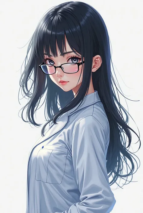 Sexy anime nurse girl with black hair and bangs and glasses and wearing a white coat 