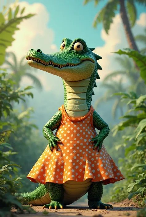 An alligator wearing a polka dot dress standing up