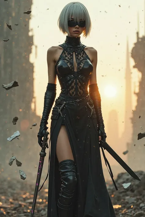 A stunning female android warrior in a post-apocalyptic landscape, short silver bob haircut, black blindfold covering her eyes, dressed in a high-slit black tactical dress with intricate lace details and high-heeled thigh boots. She holds a glowing katana ...