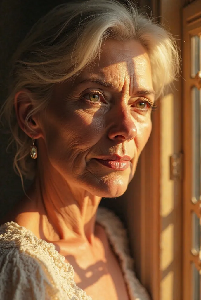 Create an image of the face of a beautiful middle aged woman who is looking out the window