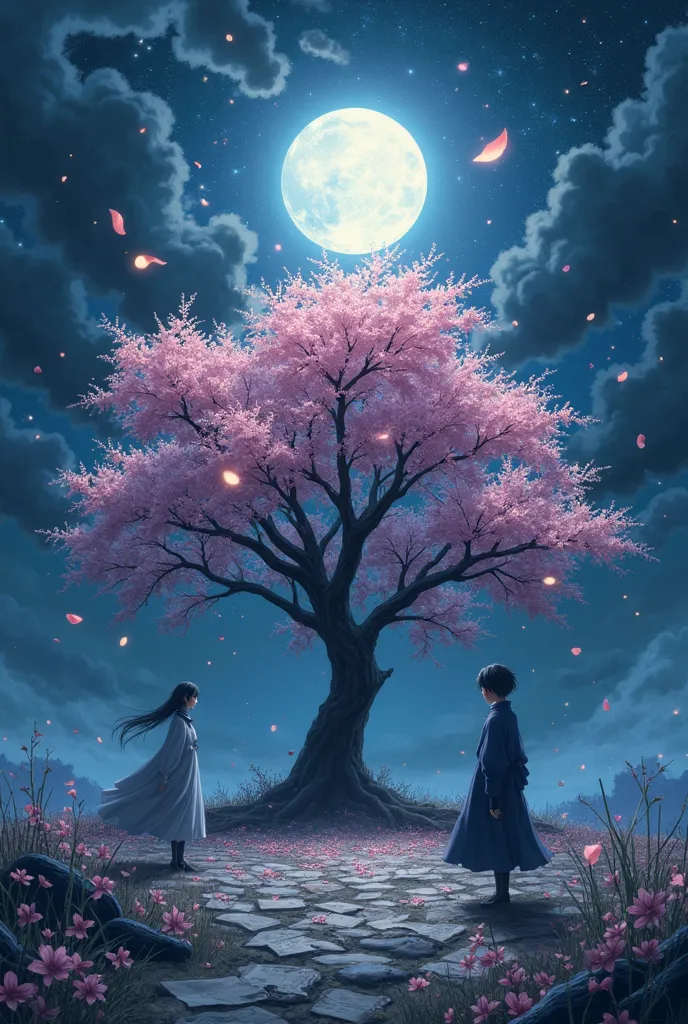 *"A breathtaking, high-resolution anime-style scene set in a mystical nighttime landscape, filled with deep emotions and symbolism. A vast sky, shrouded in dark, swirling clouds, is illuminated by a solemn, glowing full moon, casting a soft silver light ov...