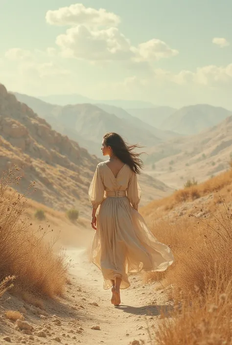 A young woman walks through the countryside watching the dry land 