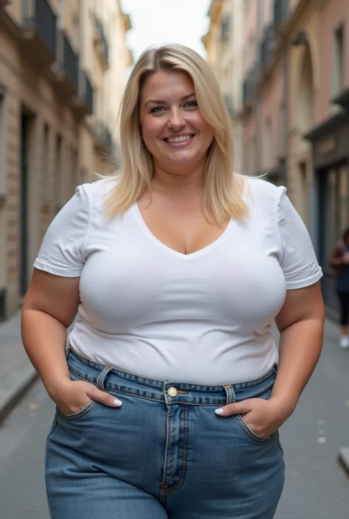 A beautiful morbidly obese busty blonde straight-haired blue eyed woman resembling like a French cinema actress, 21 years old, wearing white V-neck t-shirt showing the cleavage, and denim trousers, having humongous and enormous tits, fat voluptuous and fla...