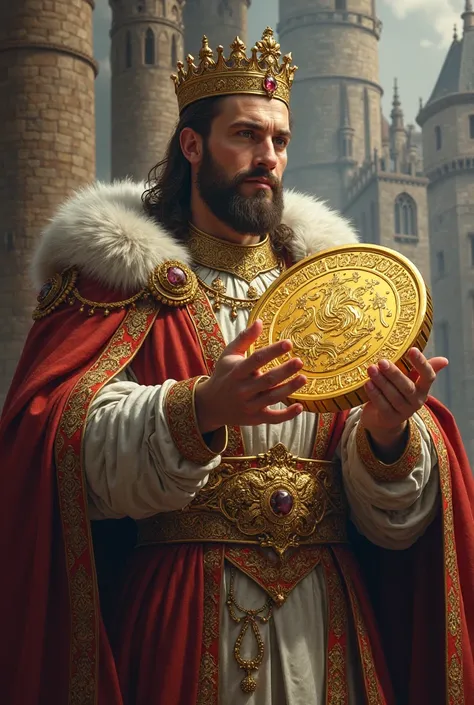 An elegant king from the middle ages with a large gold coin 