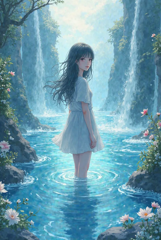 Create a feminine anime trage with a water theme 