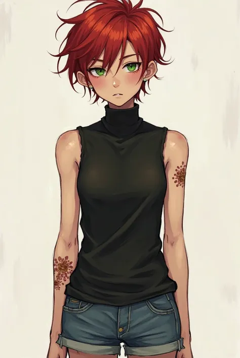 Sebastian is a thin boy and 1,58, pale, and with dark circles, messy red-haired hair up to his shoulders, green eyes,  scars on arms . He is wearing a denim shorts and a sleeveless black top with a high collar. effeminate and something Femboy**