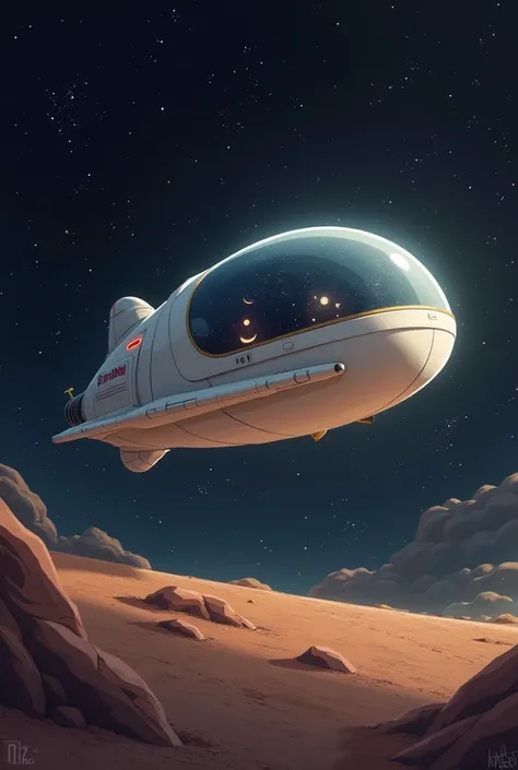 futuristic spaceship exterior, from afar, has a big round window, animated/cartoon/drawn looking.