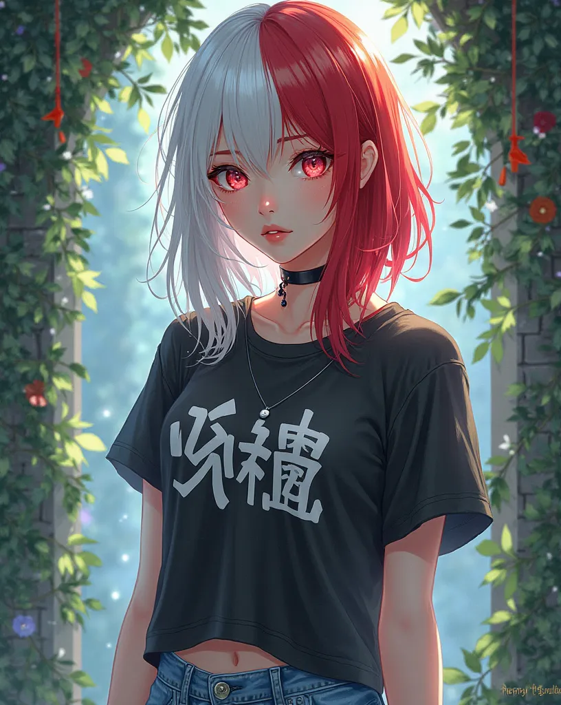 Girl 20 years old white hair, red hair, red eyes, silver eyes, dressed with a manga style T-shirt and jeans 
Silver-colored eyes 