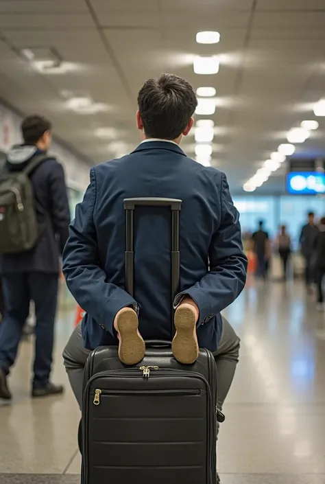 someone is sitting on a suitcase with their feet on the handle, a picture by Tom Wänerstrand, reddit, happening, airport, 🤬 🤮 💕 🎀, 🕹️ 😎 🔫 🤖 🚬, taken on iphone 14 pro, back to us, taken on iphone 1 3 pro, 🕹️ 😎 🚬, sitting in tokyo, profile image