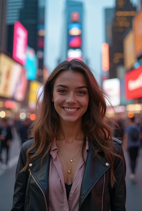 

"A stunning young woman stands confidently in the midst of a bustling city, surrounded by towering skyscrapers and vibrant city lights, her bright smile and radiant beauty captivating the attention of passersby."