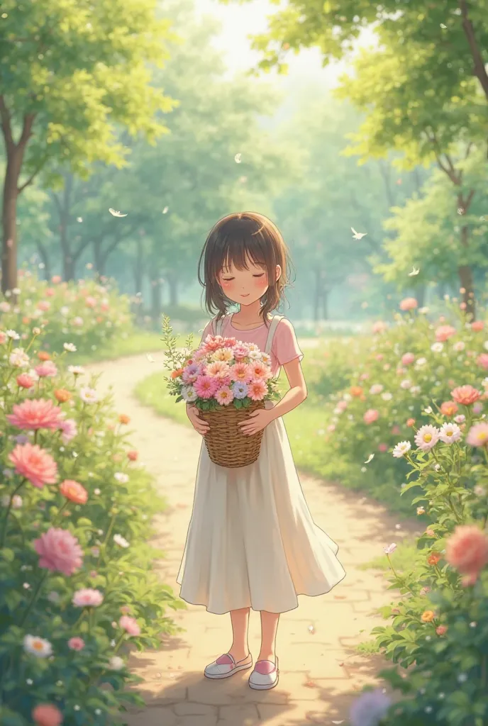 spring, park, flowers. In the middle of the path stands a girl in anime style, holding a basket of flowers in her hands. The girl is dressed in a white skirt and a light pink T-shirt.