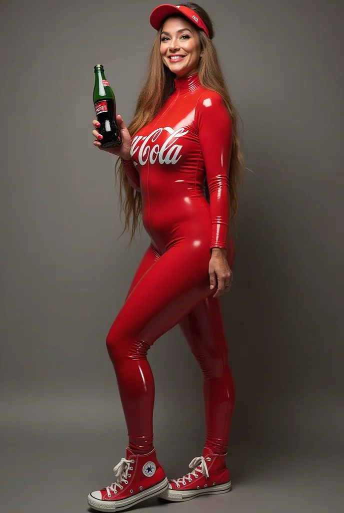 Full-bodied mature woman posing for full body photo,  smile,  very long hair, with visor on the head, Coca-Cola cosplay with latex catsuit, He has a bottle in his hand and Converse All Star Taylor Chuck red sneakers 