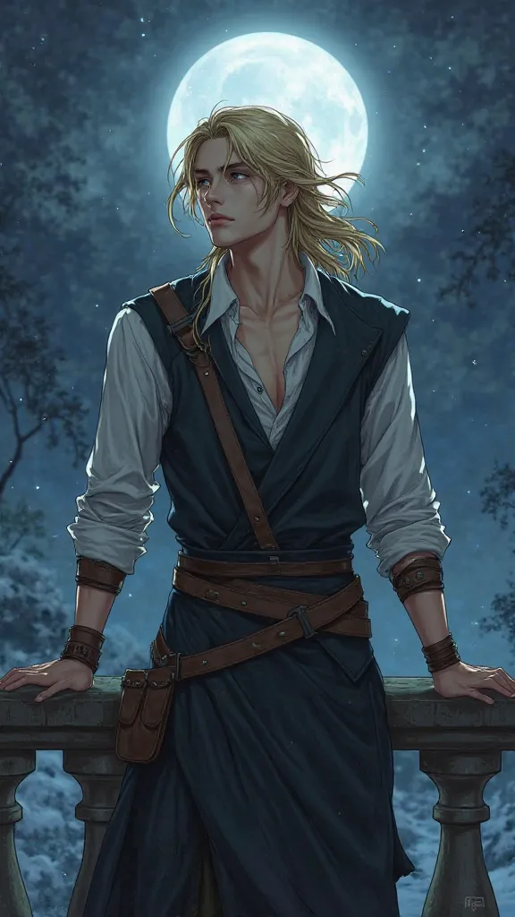 A young man with long blond hair and piercing grey eyes, dressed in a noble but slightly rugged outfit, stands on a stone balcony at night. He wears a dark vest over a loose white shirt, with leather straps around his arms. His gaze is fixed on the full mo...