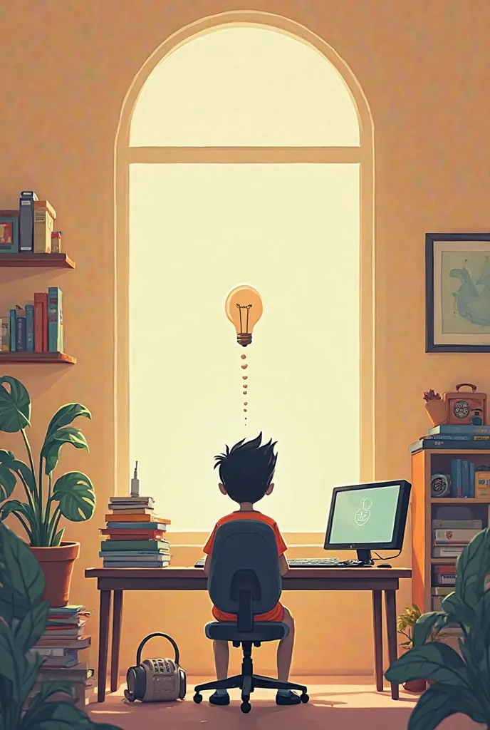 Stick character: Sitting at a desk surrounded by books, a laptop, and gym equipment but ignoring them while watching TV. A lightbulb appears above their head as they realize the truth.