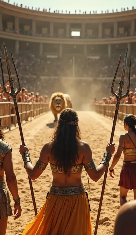 Ultra-realistic POV of a female gladiator facing a caged lion, moments before it is released. The viewer’s hands hold a trident and net, the traditional weapons of a retiarius. The lion paces restlessly, its golden fur illuminated by the afternoon sun. The...