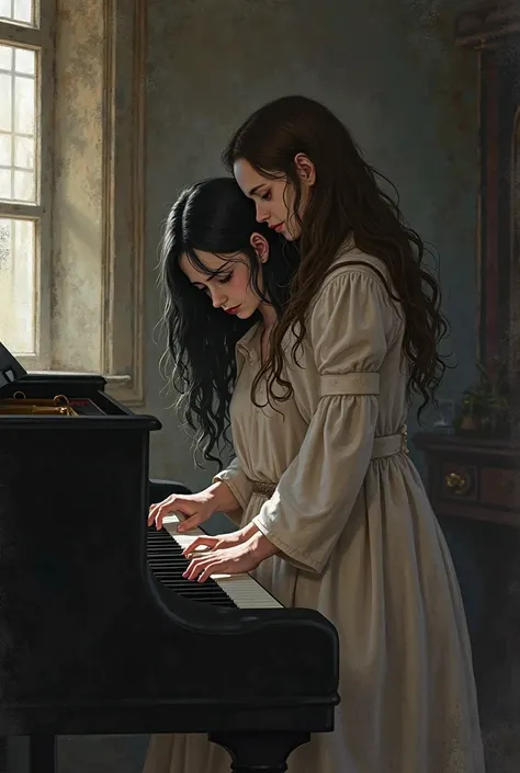 
two young women one with black hair playing the piano with a sad face and the other with brown hair standing near the piano crying in an apartment in ancient times