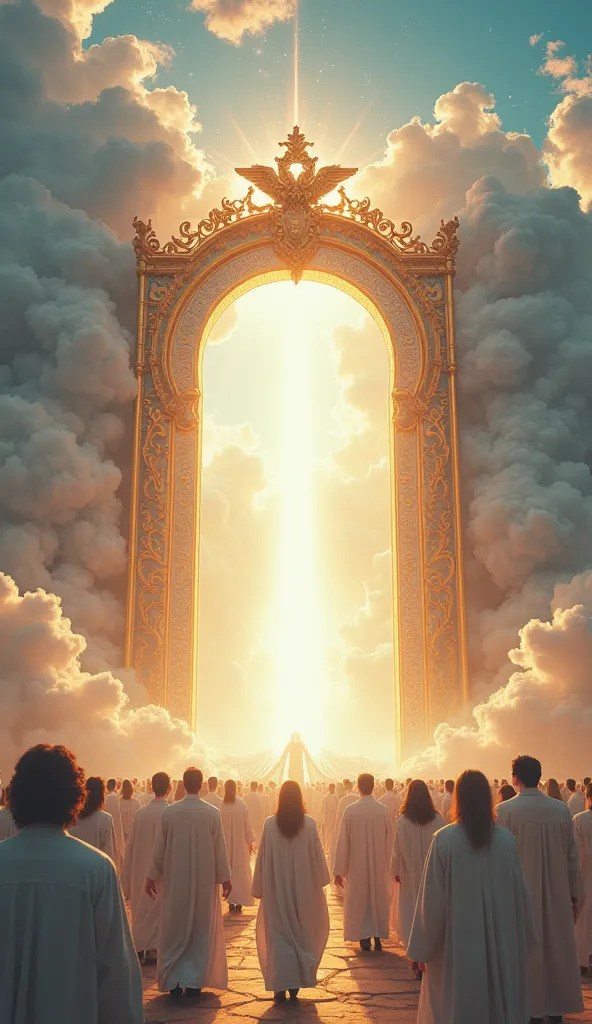 A breathtaking, divine scene of the gates of heaven opening amidst the clouds. The golden gates are intricately designed with elaborate patterns, angelic motifs, and glowing accents, radiating celestial light. A massive, glowing pathway leads into the heav...