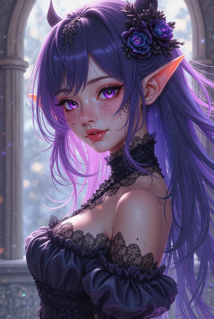 Anime girl with long purple and blue hair with stitching marks and purple and blue eyes wearing Victorian dress With elf ears 
