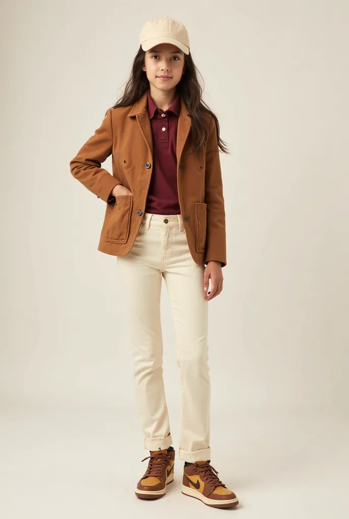 The girl stands confidently, showcasing her stylish outfit. She wears cream-colored straight-leg jeans that fit her perfectly, offering a clean and modern silhouette. The jeans are complemented by a cream baseball cap, adding a casual yet trendy touch to h...