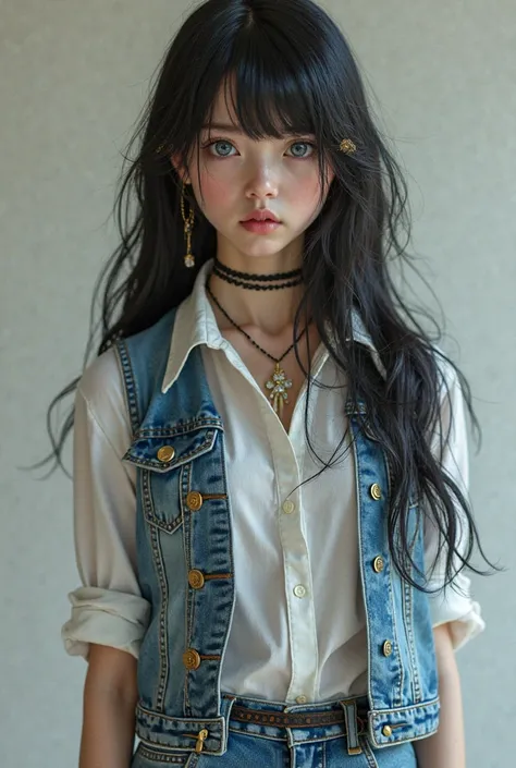  16-year-old White with black hair Long smooth with golden highlights,one blue eye and the other black eye,Wearing denim shorts and a white shirt with a denim vest too