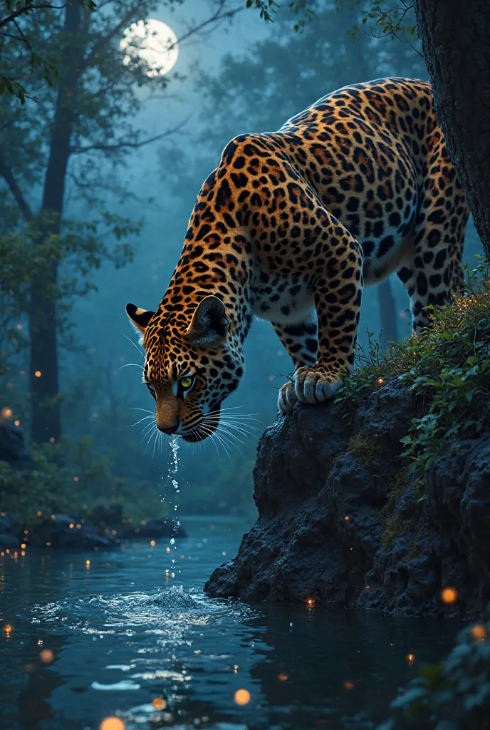 Jaguar drinking water on a cliff at night in the forest with fireflies nearby