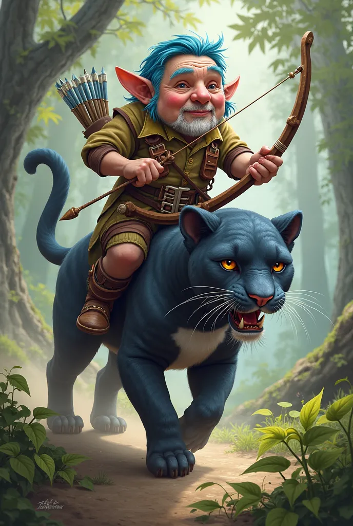 gnome, adult, bow and arrow,  blue hair, Pointy nose, Riding your pet panther, gnome, big head, happy,  120 years old  , more realistic drawing, big head