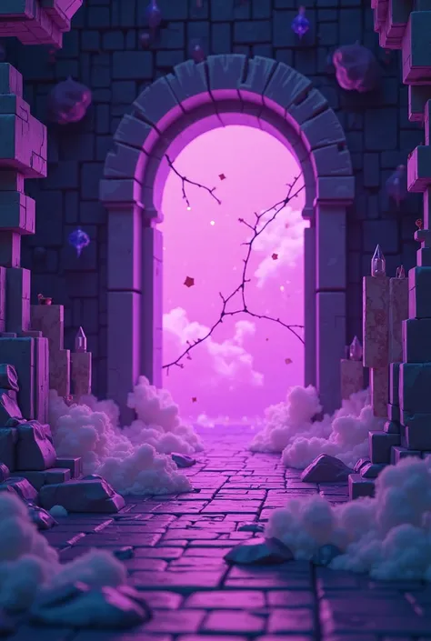 Roblox-style dark fantasy game menu background, glowing purple portal with pixelated cracks, floating low-poly neon crystals, blocky ancient ruins, digital grid lines, soft mist, simple neon particles, Solo Leveling inspiration, low-poly details, vibrant c...