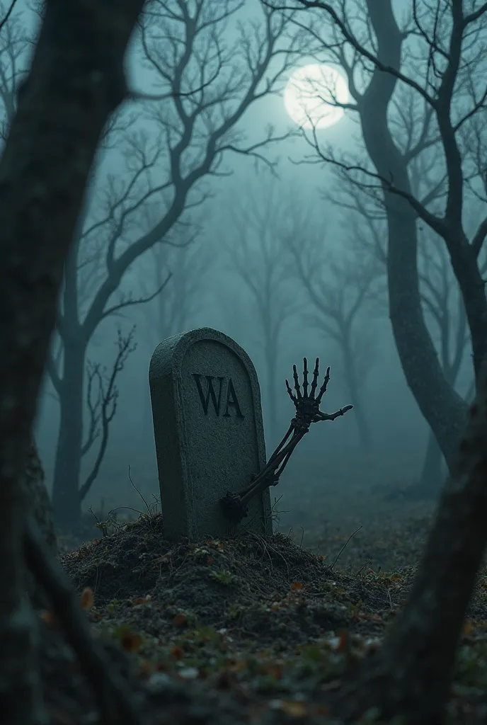 A spooky and dreary forest, covered by a dense fog.  in the center, an ancient, shabby grave with the inscription 'WA' engraved on the headstone. From the ground of the pit, a skeletal, rotting hand emerges, twisted and trying to get out. The surrounding t...