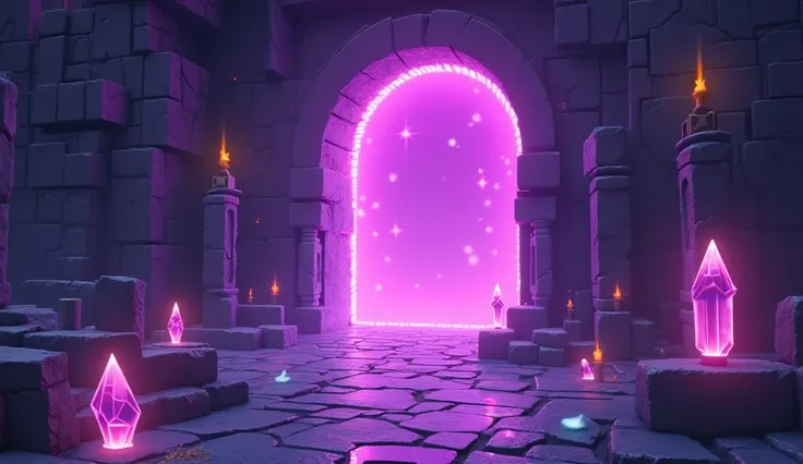 Roblox-style dark fantasy game menu background, glowing purple portal with pixelated cracks, floating low-poly neon crystals, blocky ancient ruins, digital grid lines, soft mist, simple neon particles, Solo Leveling inspiration, low-poly details, vibrant c...