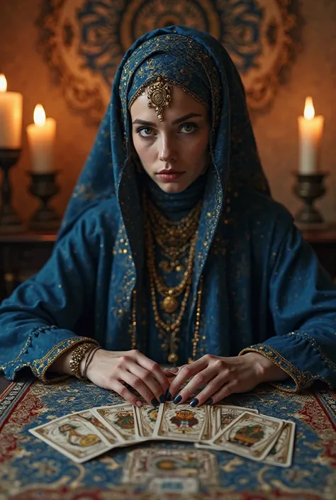 Here is a detailed prompt to generate a hyperrealistic image similar to the one you sent:


---

Prompt:
A mystical fortune teller seated at the table, 's hands and accessories wearing a deep blue costume with gold details, adorned with antique jewelry and...