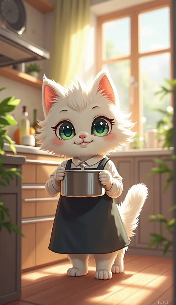  realistic digital illustration of an anthropomorphic cat with white fur ,   green eyes ,  cooking in a modern and elegant kitchen . The cat is standing ,  wearing a white shirt and a black apron ,  with a calm expression while holding a pot.  soft morning...