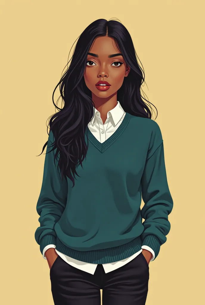 Create a funko pop image of a young woman,  skin color brown, with long straight black hair that reaches down her shoulder, with black pants, with a white collar shirt, on the shirt she wears a dark turquoise sweater,  dress shoes color black, has her hand...