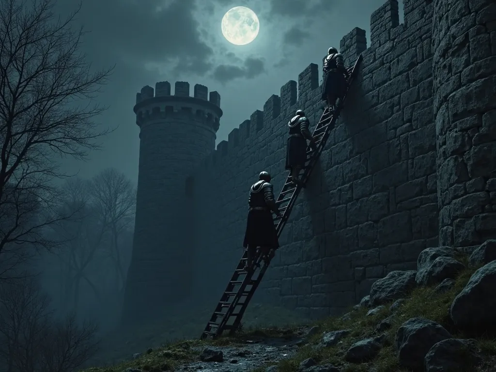 night. medieval castle walls. knights sneak up a long ladder that is leaning against the wall. they want to break into the castle