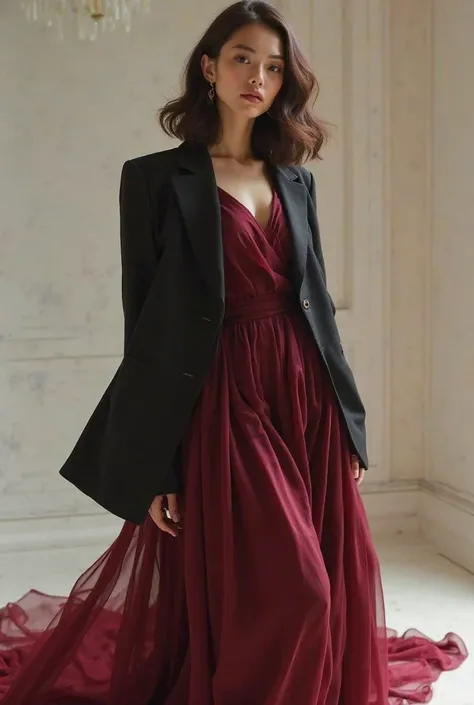 A girl wearing a formal dress consisting of a long burgundy chiffon fabric, a black oversize blazer and a burgundy satin skirt