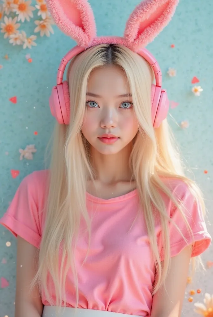 A female character with long straight and blond hair, a short pink shirt, a short white skirt, white skin, blue eyes and cute pink rabbit headphones.