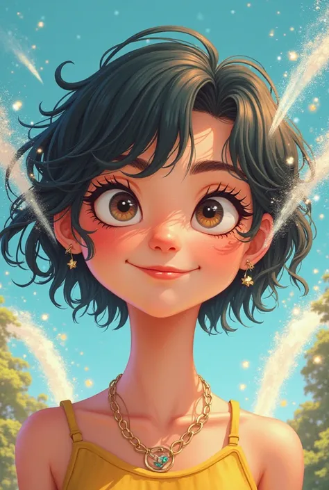 Cartoon photo of a lesbian girl, short wavy hair with fountains in her ear 