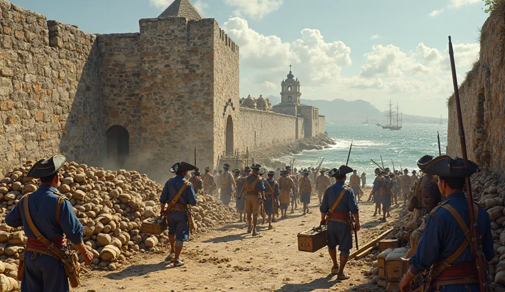 "Cartagena de Indias, 1741. A tense and urgent scene unfolds at the city’s fortifications. Spanish soldiers in blue uniforms, with tricorn hats and muskets slung over their shoulders, are seen transporting crates of ammunition and stacking cannonballs near...