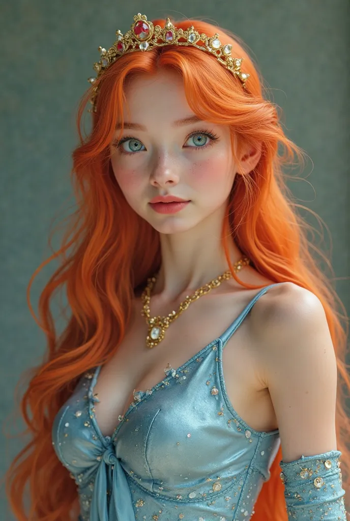 Bloom is an 18-year-old girl with fair skin and long, fiery red-orange hair that reaches down to her waist, with a small strand sticking out at the front. Her eyes are large and cyan, expressing warmth and determination. She has a youthful, soft expression...