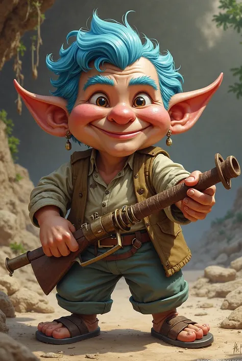 gnome, adult,  slingshot,  blue hair, Pointy nose, gnome, big head, happy,  120 years old  , more realistic drawing, Indiana Jones style, without a beard