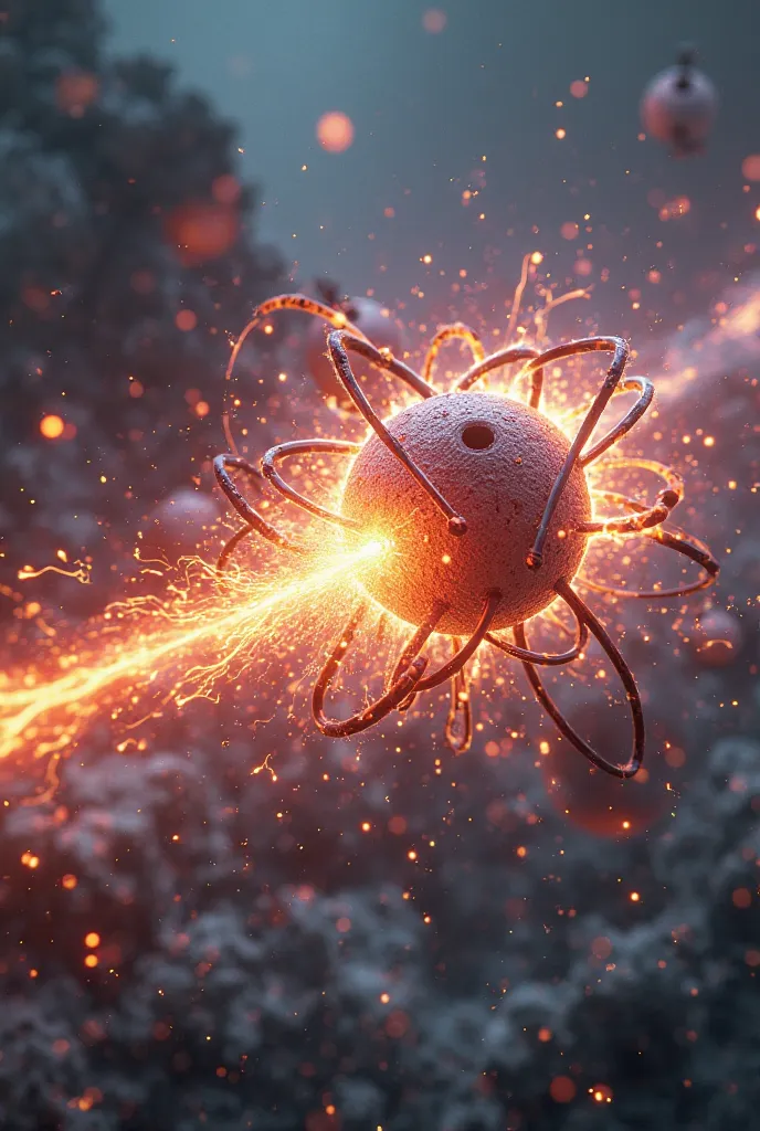 A digital animation about a particle hitting an atom and exploding 