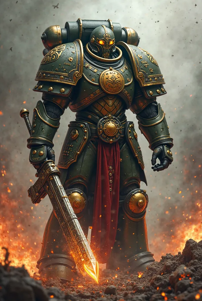 } An imposing egg in Space Marine armor inspired by Warhammer 40K, with Gothic details and a massive, armored design. Its shell is decorated with golden badges and sacred Imperium runes. He holds a gigantic bolter with war inscriptions, while his other han...