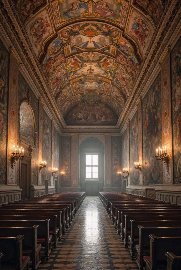 the Sistine Chapel with dim lights, highlighting its historical importance.