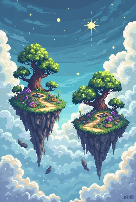 Generate two separate floating islands of the same size in pixel art