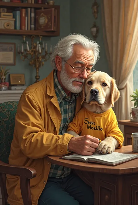 A Golden Retriever being cared for by an elderly male pediatric doctor in his doctor's office, The Golden must have a yellow t-shirt with “SVEN MORILLO” print the image must be in Royal style 