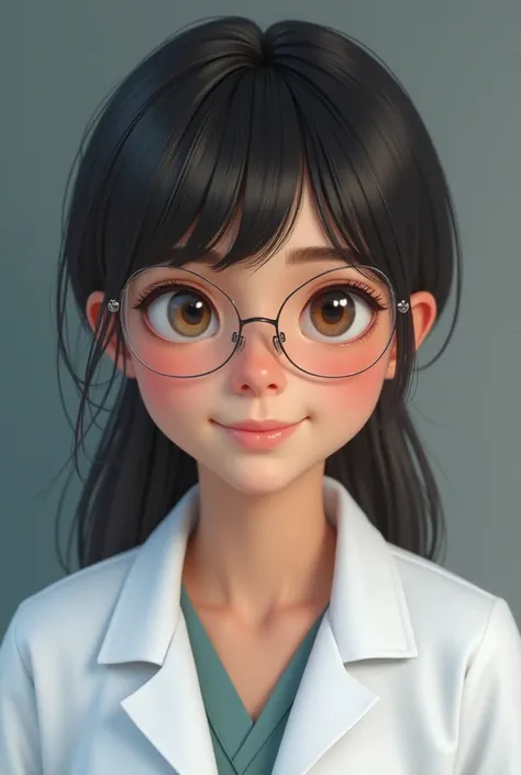 Realistic pediatrician gives you light brown complexion with lenses and black hair with bangs and a white coat 