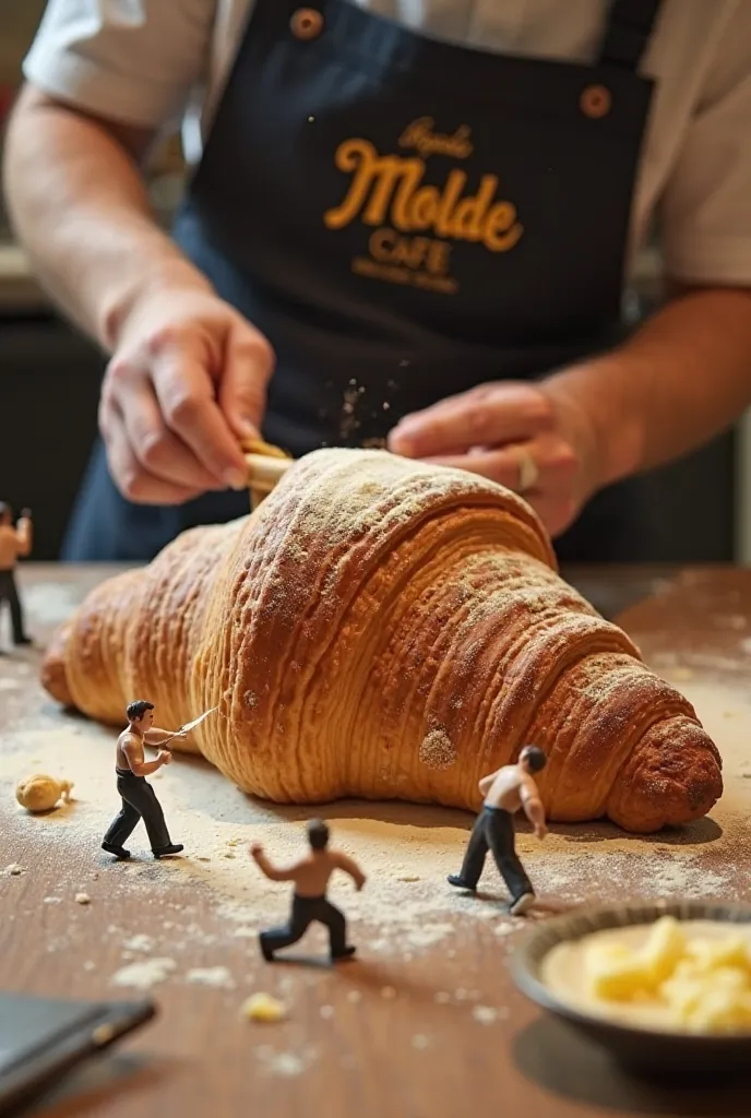 ‎ “A large croissant is being prepared on a kitchen table.. Small workers wearing traditional bakers work hard: . Some knead the dough, others spread butter, and a team rolls the croissant. Small baking tools are scattered around the table. . The cafe logo...