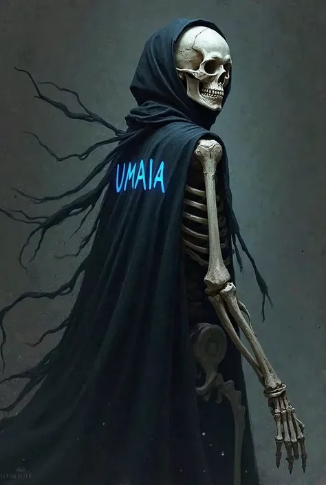 Make me a skeleton with my back looking back with a black cape saying UMAIA in blue 